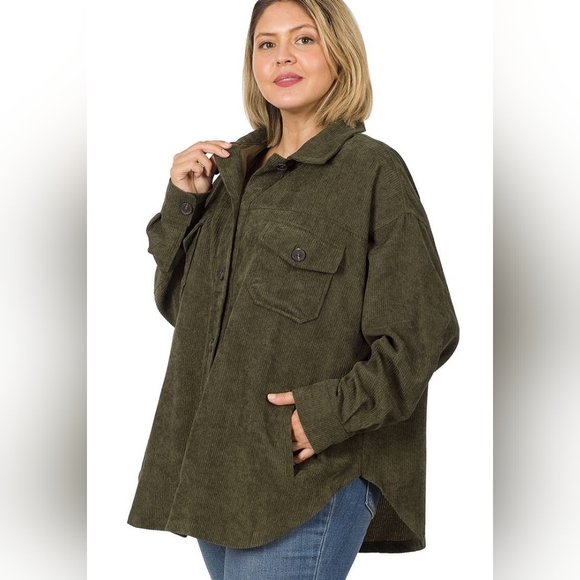 Corduroy Button Front Shacket Dk Olive Green - Picture 1 of 1